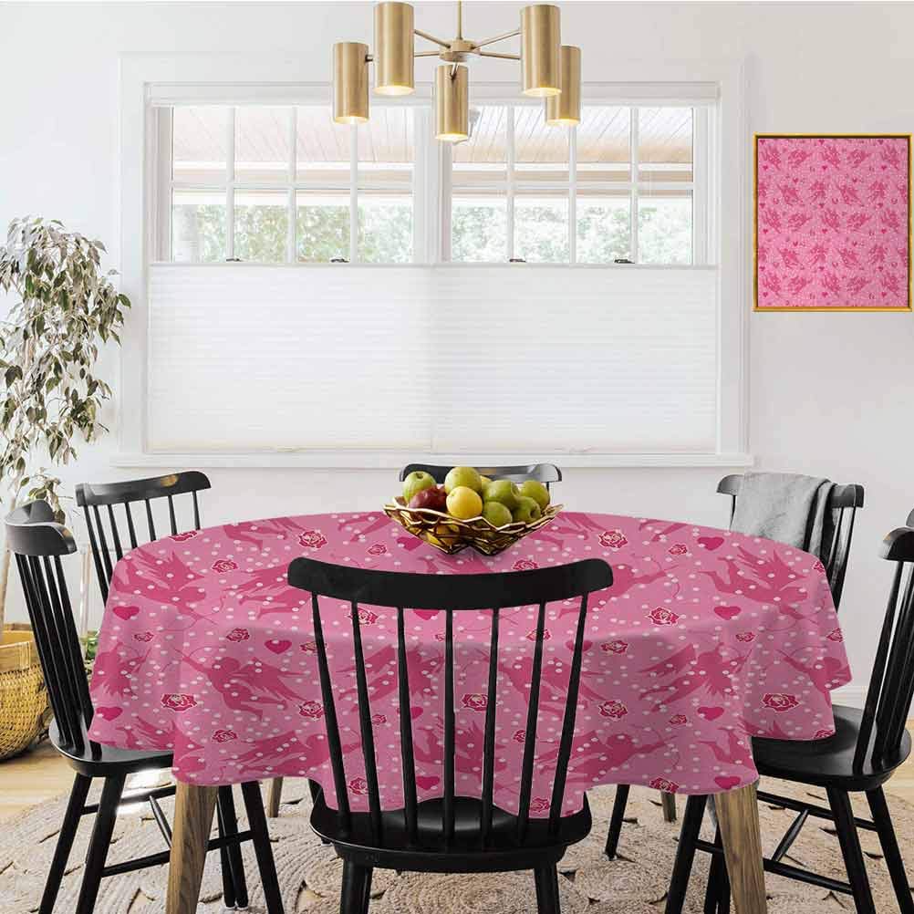 Waterproof Tablecloth，Diameter 54"，Angel,Eros with Hearts and Old Fashioned Polka Dots Rose Petals Valentine Retro,Hot Pink Blush Magenta，Round Tablecloth Kitchen Table Cover