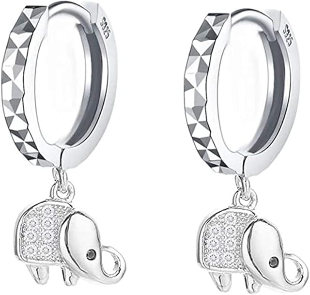 Cute Elephant Dangle Sleeper Hoop Earrings for Women Teen Girls 925 Sterling Silver Dainty CZ Crystal Animal Drop Cartilage Earring Huggie Hinged Round Hoops Hypoallergenic Sensitive Ear Jewelry