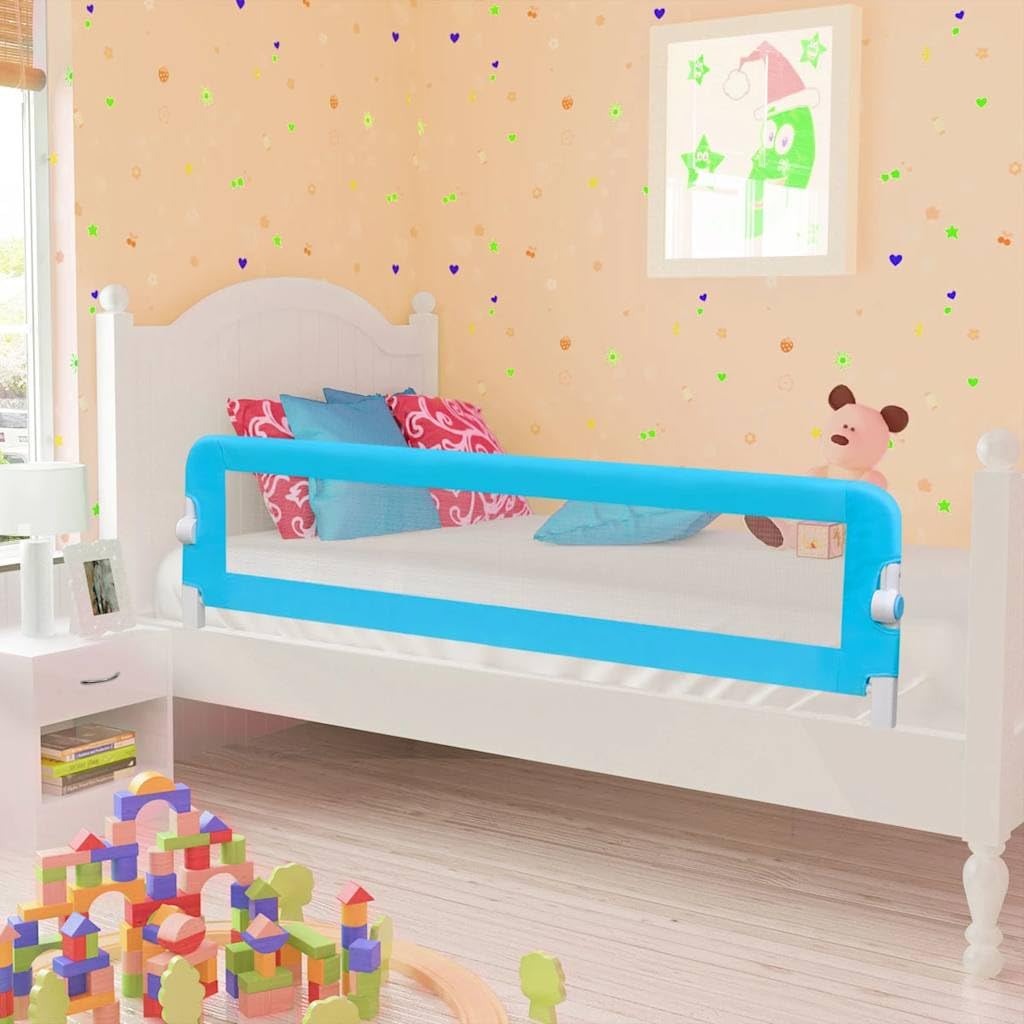 Barrera de seguridad para niños pequeños, 150 x 42 cm, color azul, plegable con acolchado, barrera de protección para la cama para bebé, barrera de cama infantil con rejilla lateral