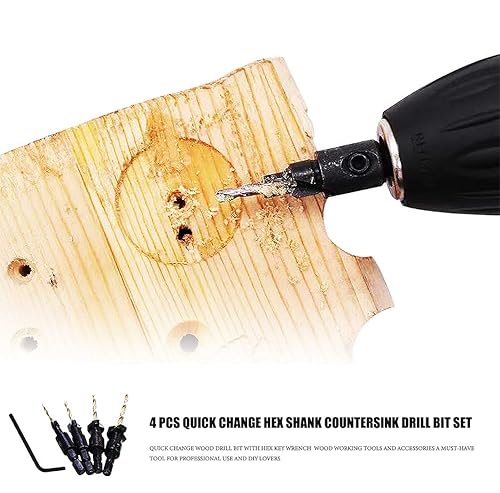 Miniatura 2 de Juego de brocas avellanadas, 4 brocas de madera con vástago hexagonal, broca de cambio rápido para madera con llave hexagonal