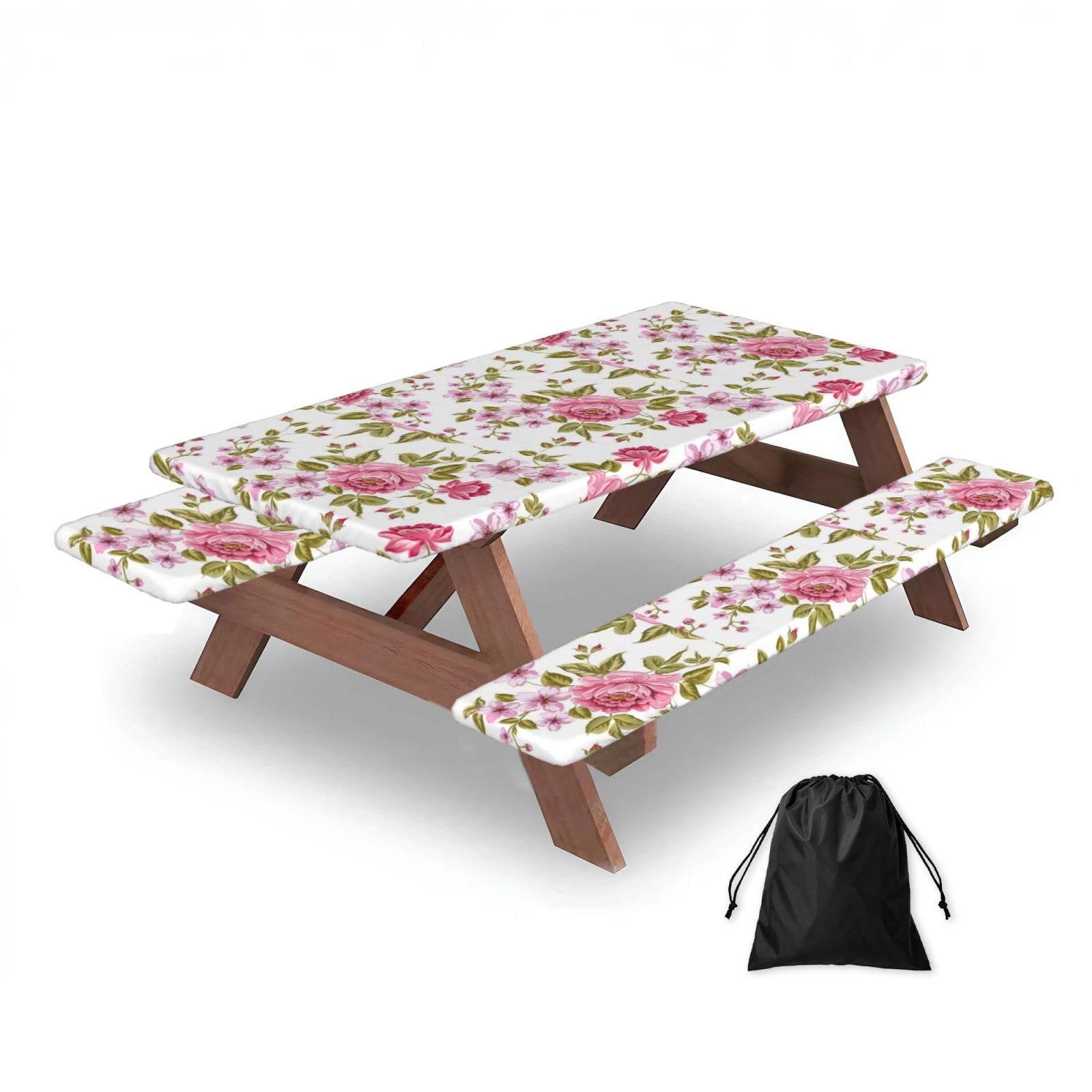 Dopklna As Picture Straw Pink Peonies, Picnic Table Cover With Bench Covers -Waterproof Elastic Fitted Tablecloth For Garden Camping Patio 76X152cm