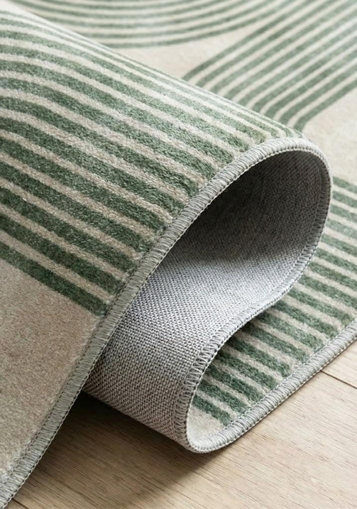 5X7 Area Rugs for Living Room,Beige Modern Green Arch Stripe Rug Machine Washable Non Slip Low Pile Lightweight for Bedroom, Dining Room，Leisure Area