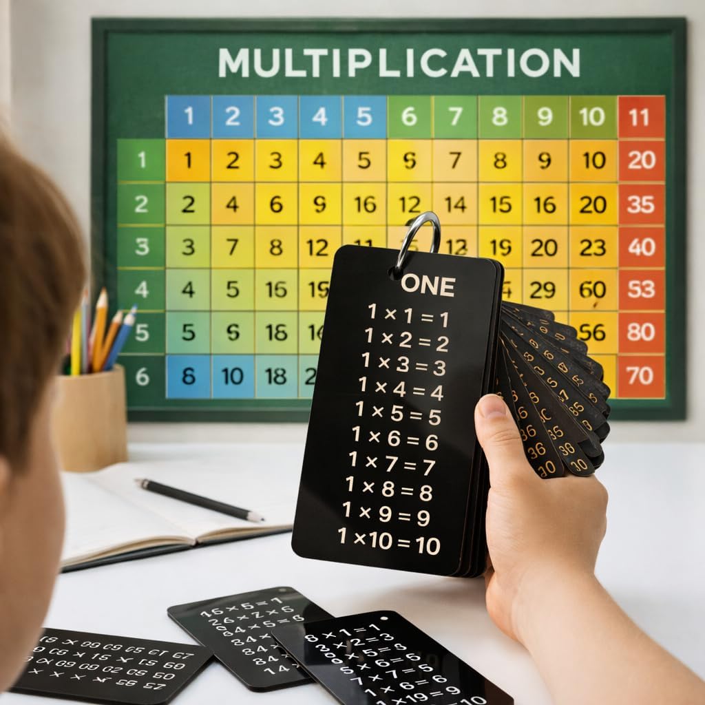 Black Acrylic Multiplication Flash Cards for Kids – Math Tables 1–10 Learning Cards with Metal Ring Binder | 11.5 x 5.5 Inch Educational Study Tool-Pack of 1