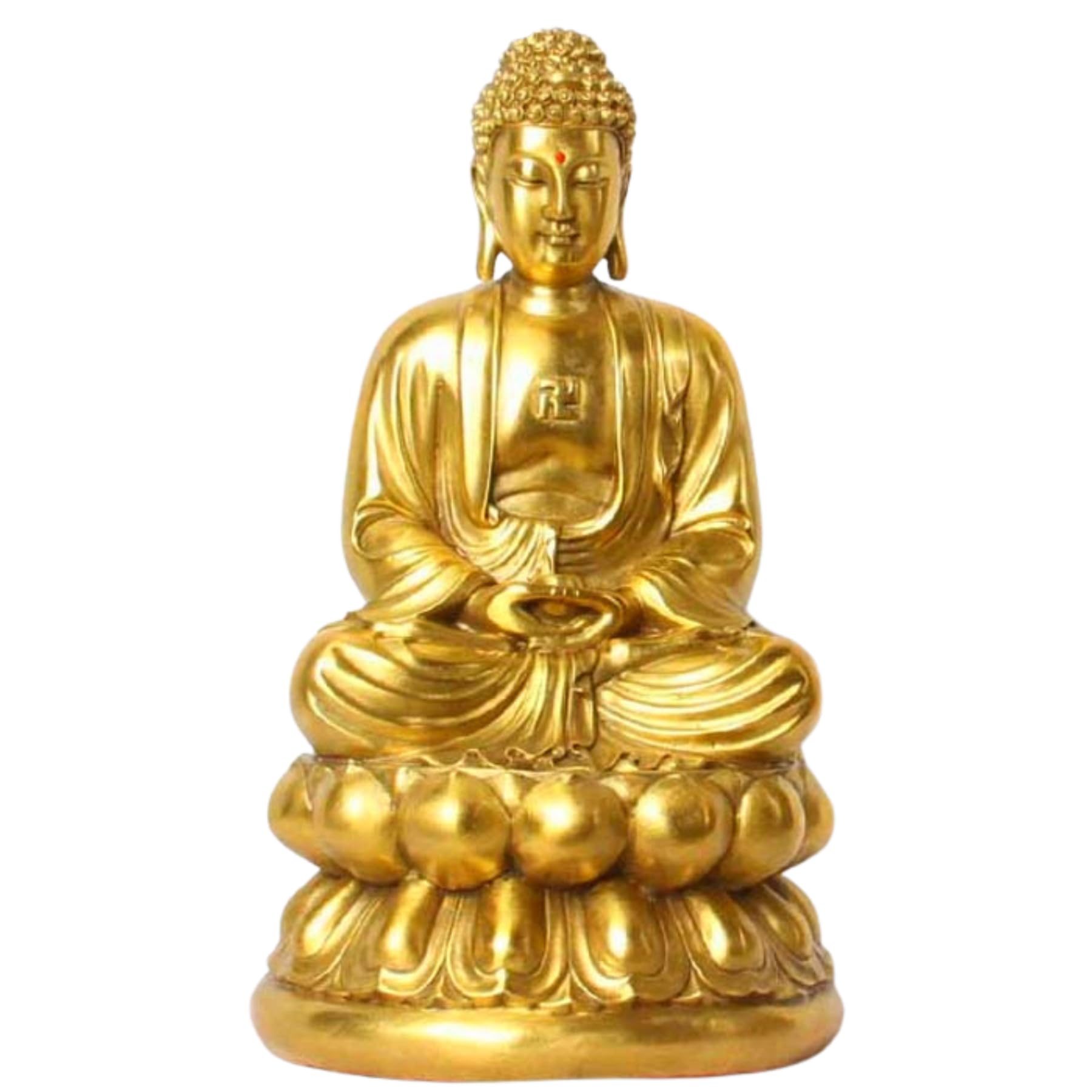 Aottsd Gold-13.4 In Brass Seated Buddha Statue Zen Altar Peace Decor Figurine 10.2In