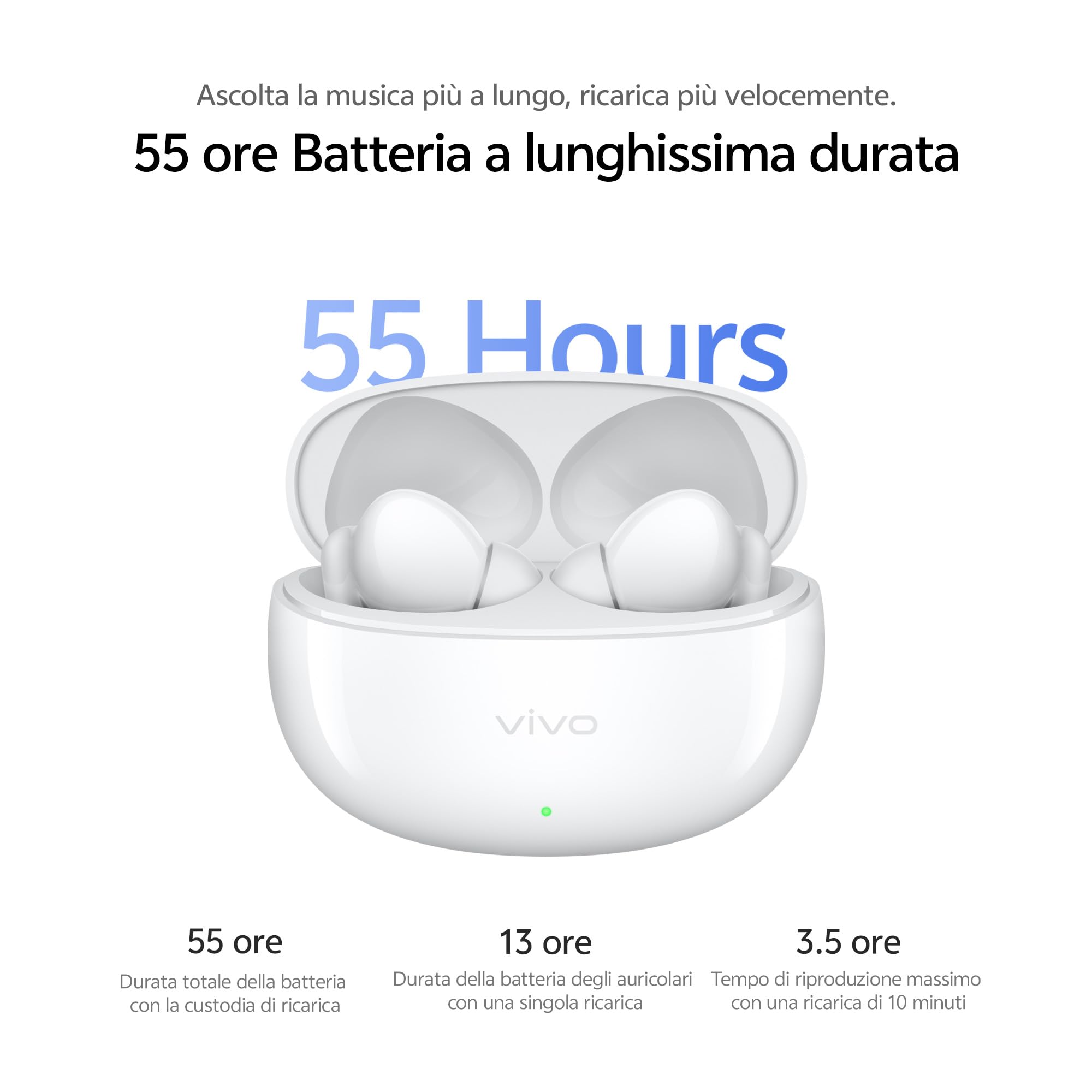 vivo Buds Pro - Auricolari Bluetooth 6.1 con Cancellazione Attiva del Rumore 55 dB, Batteria 55 Ore, Driver 11 mm, Latenza 42 ms, Audio Spaziale, IP54, 4,3 g