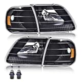 G-PLUS Headlights Assembly with Bulbs, Compatible with Ford Expedition 1997-2002/Fit Ford F150 1998-2003/Fit F250 1997-1999 Bumper Headlamp, Clear lens Black Housing Amber Reflector