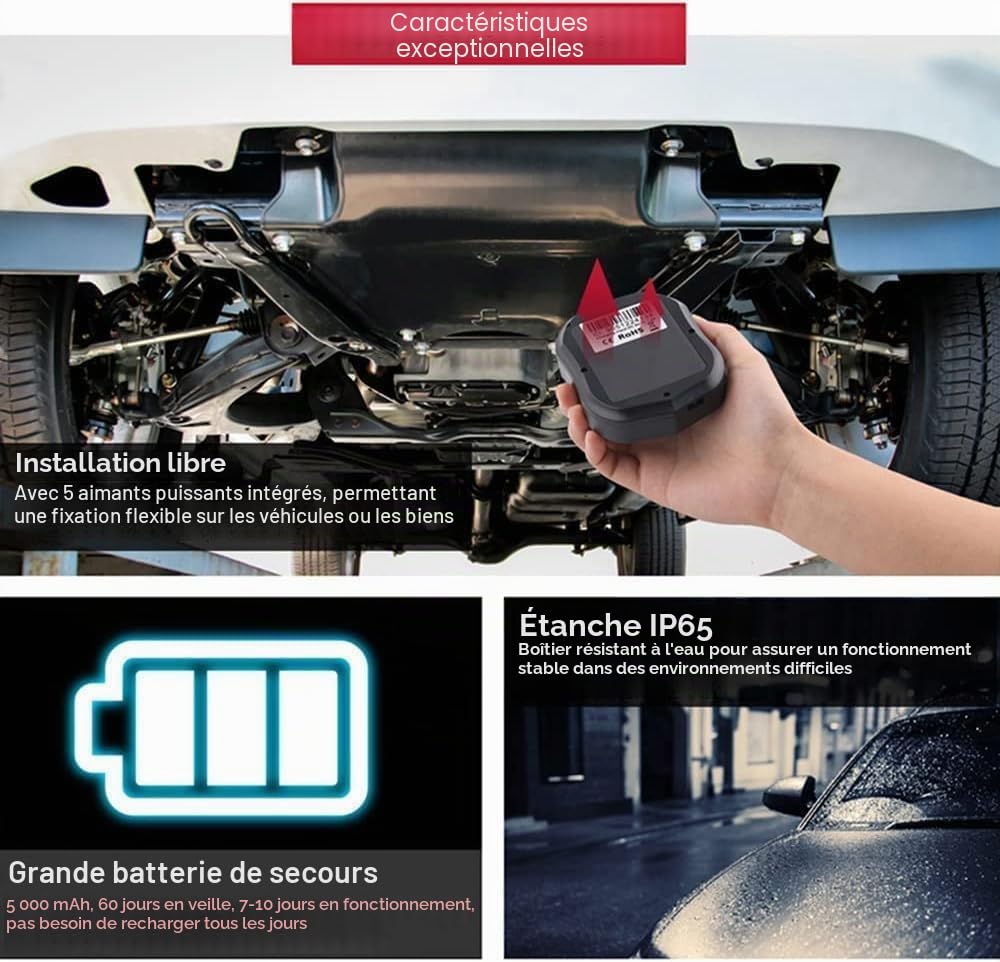TKMARS Traceur GPS Voiture (Abonnement Requis), Tracker Magnétique Puissant, Suivi en Temps Réel et Positionnement Précis(TK905E)