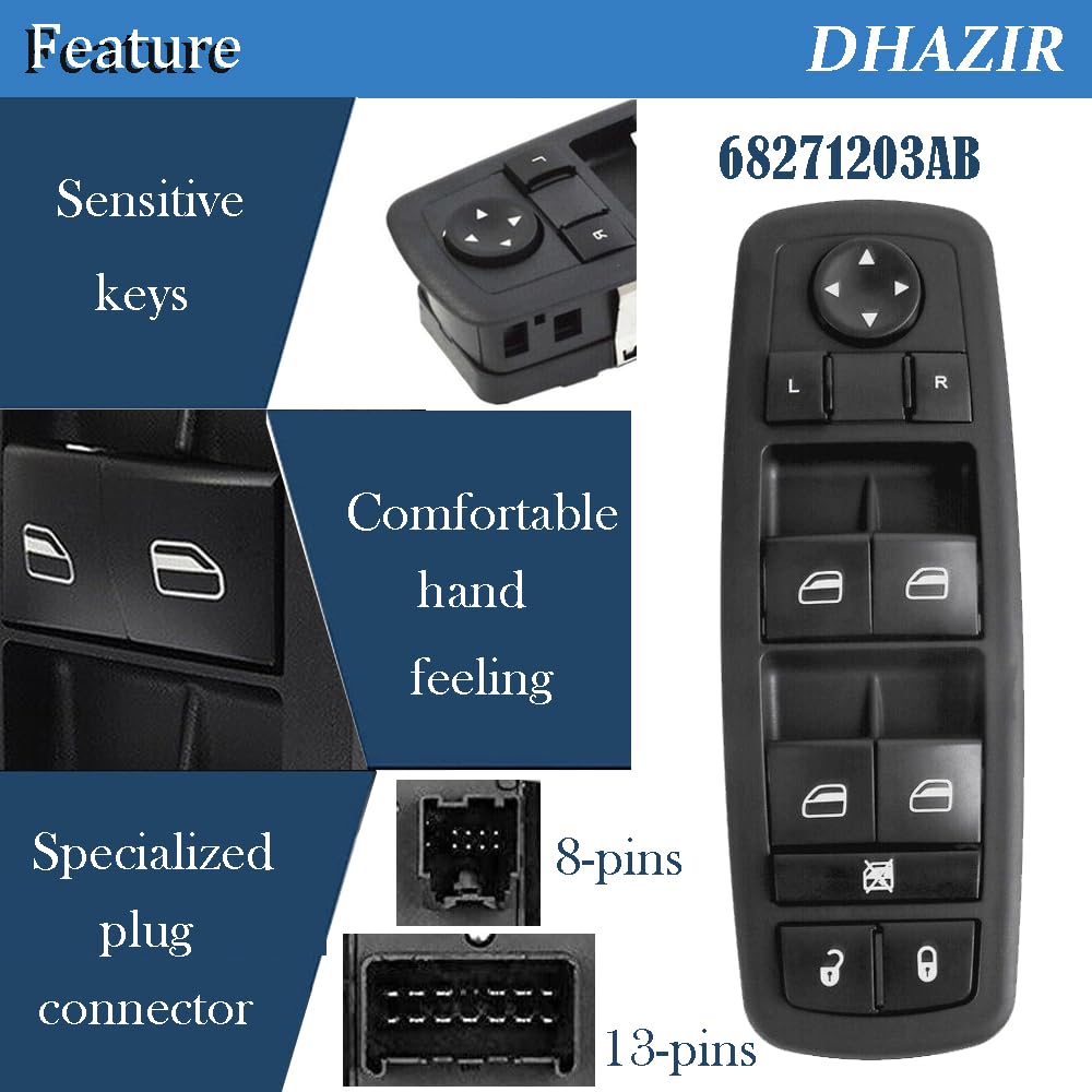 68271203AB Power Window Master Switch Front Driver Side Left Fit for Dodge Dart 2013-2016, fit for Jeep Cherokee 2014-2016, fit for Chrysler 200 2015-2016 Replace 56046553AC 68271203AA