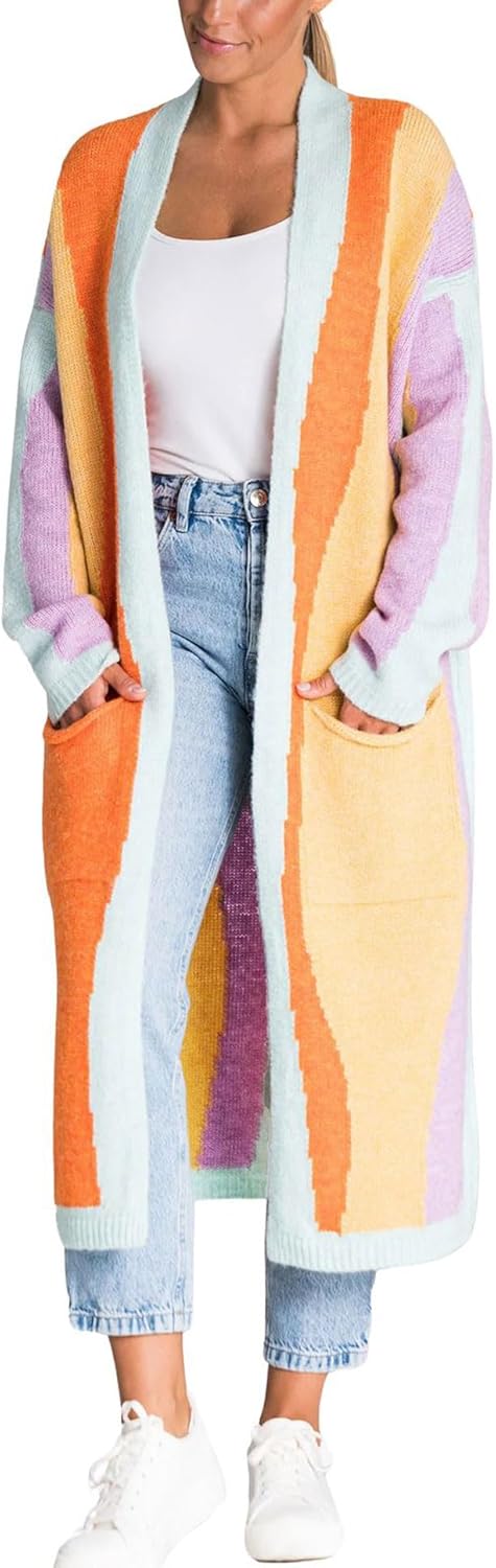 chouyatou Women's Fall Open Front Color Block Long Cardigan Sweater Coat Casual Vertical Striped Coatigan