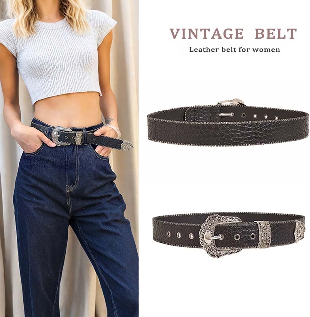 Yalice Black Leather Belt for Women Men Cowboys Cowgirls Belt for Jeans Vintage Western Buckle Belts - Image 3