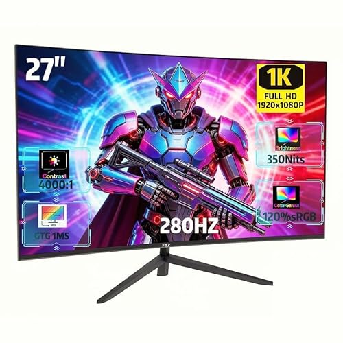 ZZA 27" Curved Gaming Monitor, 280Hz FHD 1080P, 1800R VA Panel, 120% sRGB, AMD FreeSync, 1ms GTG, Esports Ready Display, Flicker-Free, HDMI & DP, VESA Mount - Black
