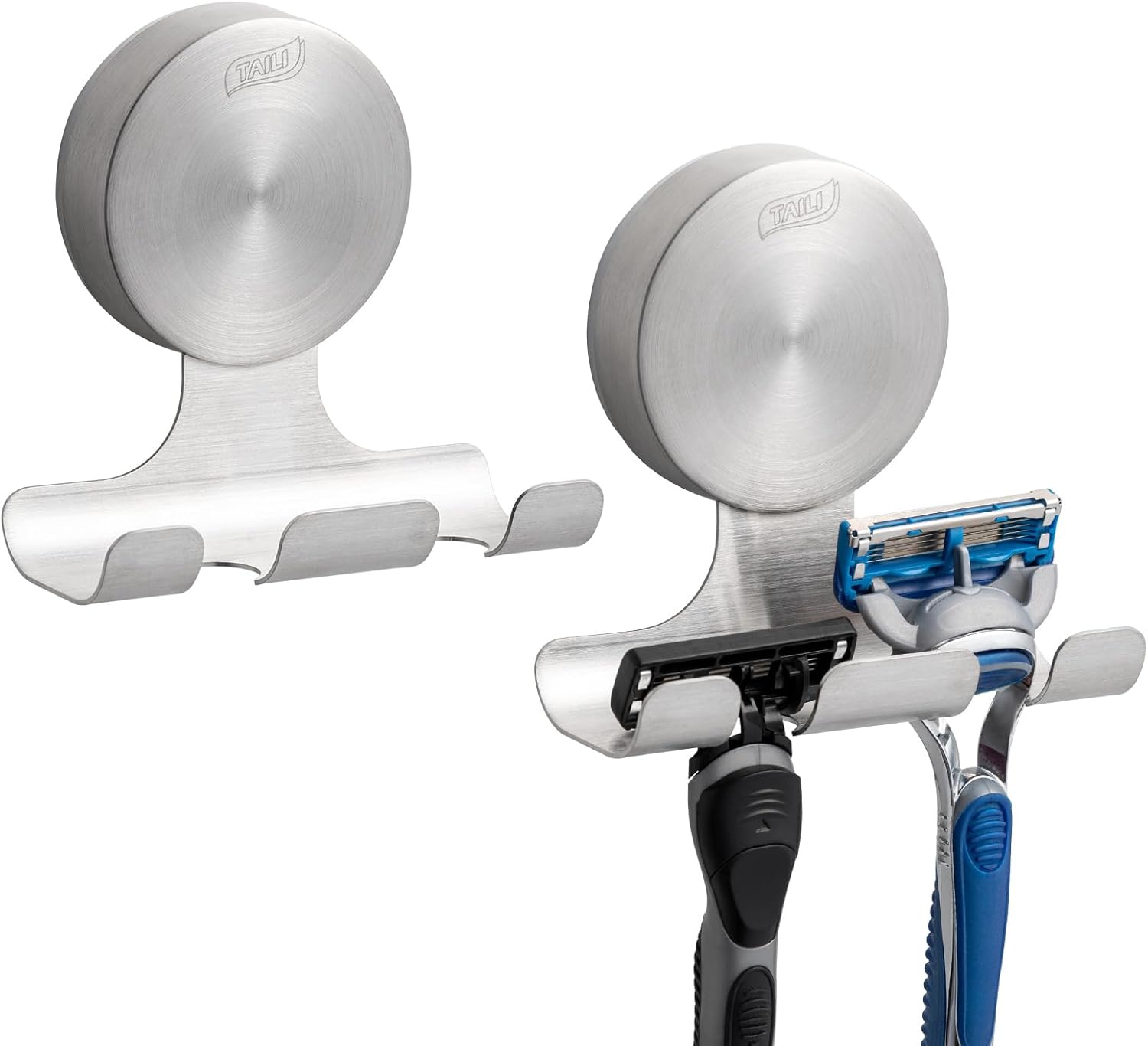 TAILI 2 Pack Powerful Suction Cup Razor Holder, 304 Stainless Steel Bathroom Suction Hooks for Towel, Loofah, Bathrobe, Stylish Shaver Holder for Shower Wall, Easy to Install and Reuse, Silver Silver, Round