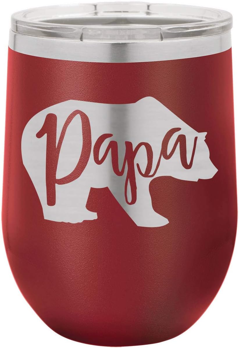 PAPA BEAR BLUE 12 oz Stemless Wine Glass with Lid | Laser Engraved Insulated Drink Tumbler With Funny Quotes | Gift Idea Dad For Father's Day & Birthday | OnlyGifts.com