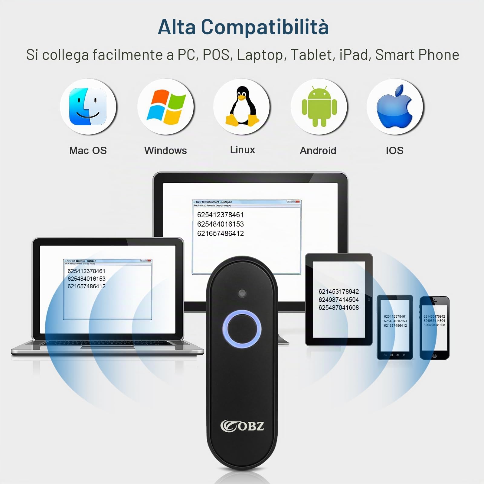 OBZ Mini Lettore Codice a Barre Wireless 1D 2D QR - Lettore Barcode Bluetooth (USB Cablato + 2.4GHz) Scanner Portatile per PC, Android, Mac OS, iOS, Phone
