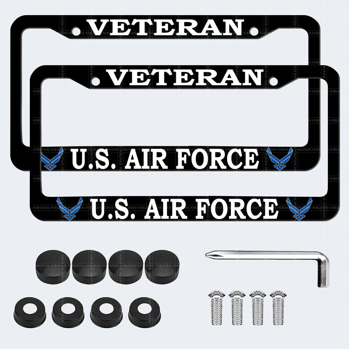 2Pcs Veteran License Plate Frames for U.S. Air Force,2 Holes Matte Aluminum Black Car Licenses Plate Covers Holders for USAF with Screw Caps
