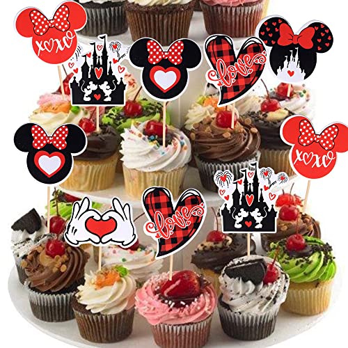 Rsstarxi 30 Pack Minnie Mouse Inspired Valentine's Day Cupcake Toppers Love Heart Castle Fireworks Cupcake Picks For Valentine's Day Theme Wedding Engagement Party Cake Decorations Supplies #TOP5