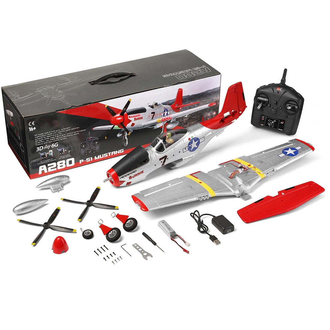WANENGEDIY Remote Control Airplane for Adults, XK A280 P-51 3D/6G 2.4G 4CH Brushless 560mm Wingspan EPP Fixed Wing RC Aircraft Model with Quick Release, RC Airplane for Adults Beg (RTF)