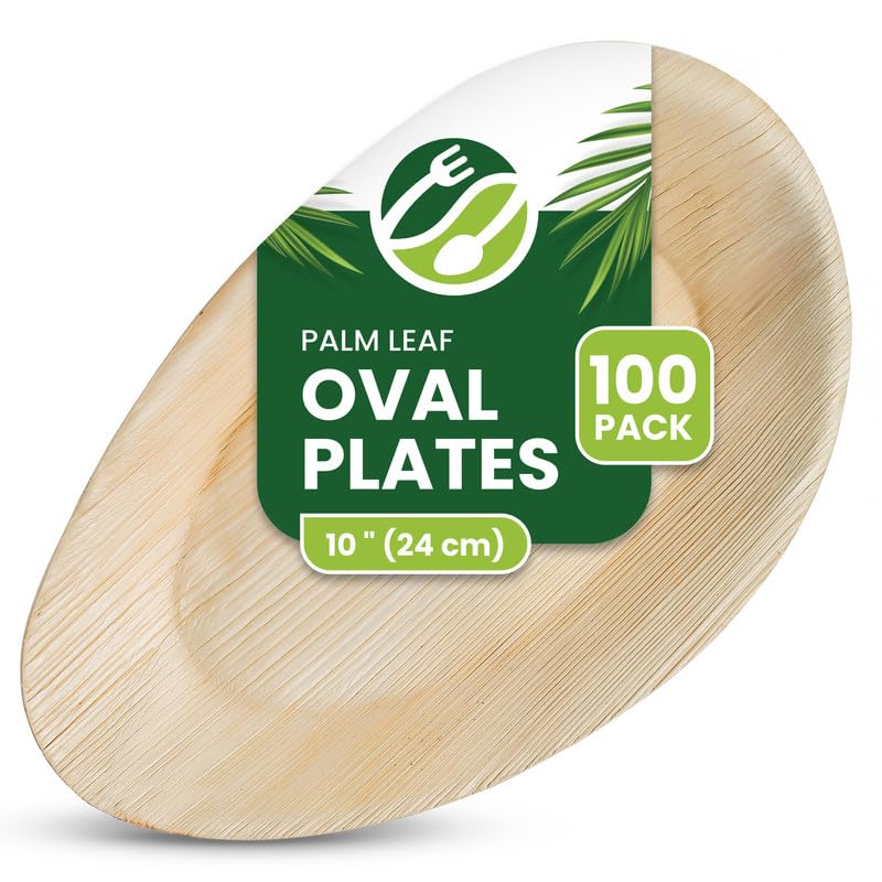 Eco Leaf 100 Disposable Palm Leaf Plates | 10" (25cm) Oval Large Compostable Plates | Eco-Friendly, Biodegradable Heavy-Duty Plate for Wedding, Party and Picnic | Microwave & Oven Safe