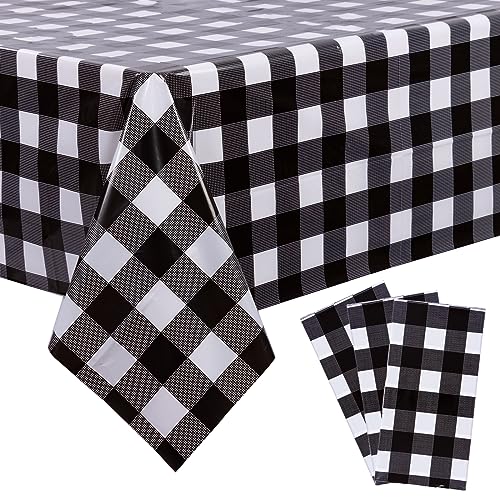 Image of Kesfey 3 Packs Black Gingham Tablecloths 54 x 108 inch Black and White Checkered Tablecloth Disposable Plastic Plaid Picnic Tablecover Waterproof Fall Checkered Table Cloth for Camping Halloween Party