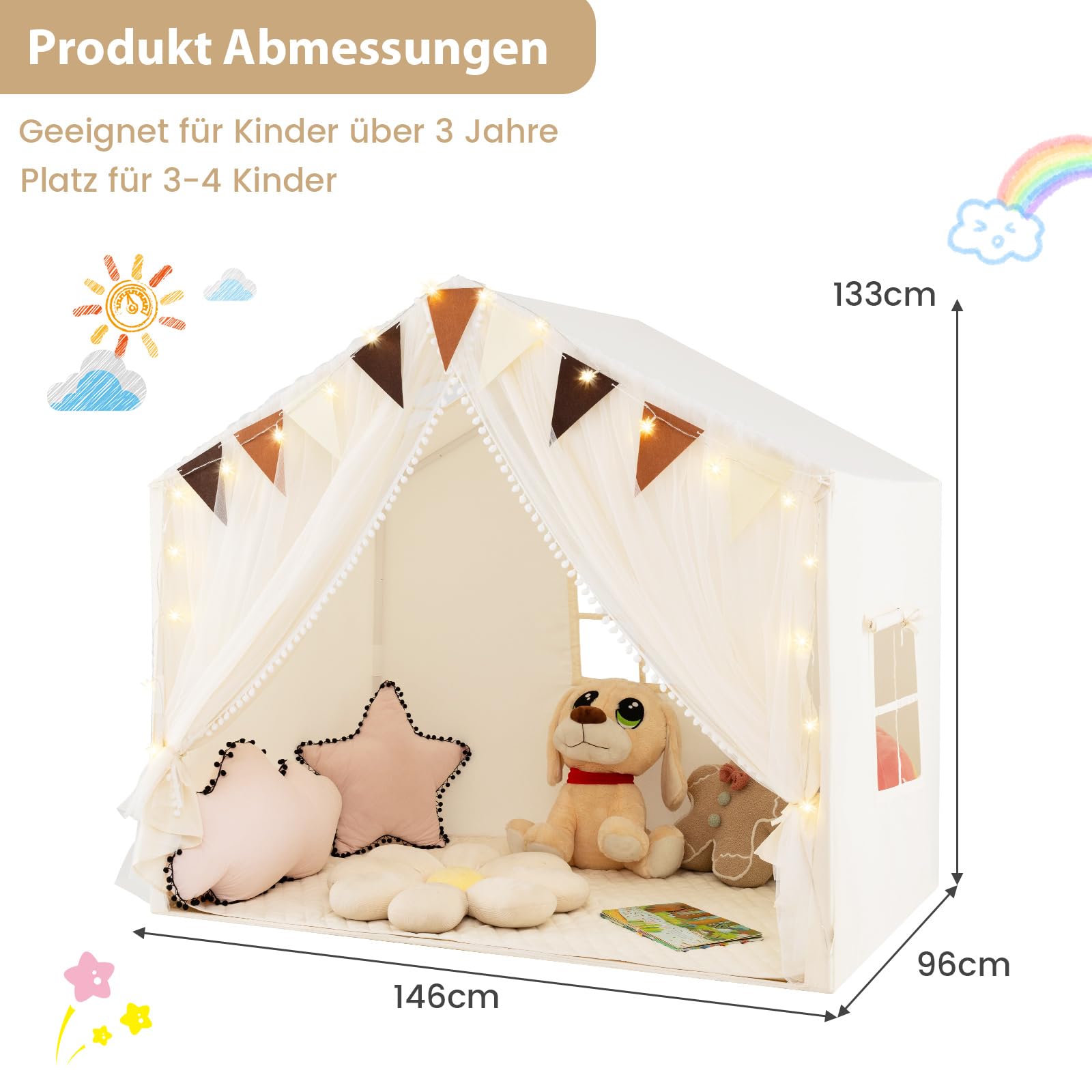 COSTWAY Spielhaus Kinder Indoor, Kinderzelt mit Matte und Lichtern, Spielzelt Kinder, Prinzessin Kinderspielhaus, Kinderzimmer Dekor Zelt für Jungen und Mädchen ab 3 Jahren (Beige)