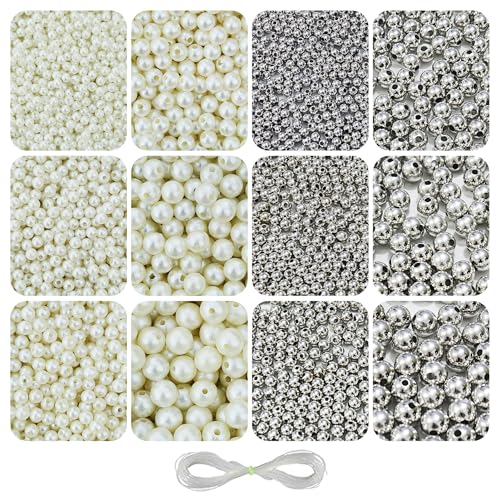 Image of 1800 Pcs Off White & 1800 Pcs Silver Pearl Beads for Jewellery Making Kit - Beads for Bracelet Making Kit - Pearls for Craft - Plastic - Sizes 4, 5, 6, 8, 10, 12MM - 360g