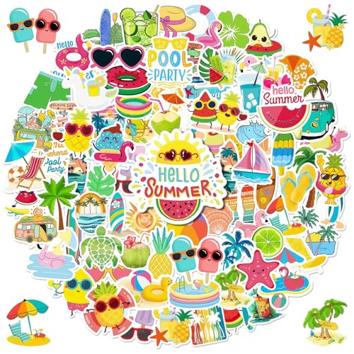 Anwyll 100Pcs Summer Stickers - Summer Water Bottle Stickers Bulk Waterproof Vinyl Beach Sticker Self Adhesive Summers Themed Sticker for Scrapbooking Skateboard Laptop Pool Party Decoration