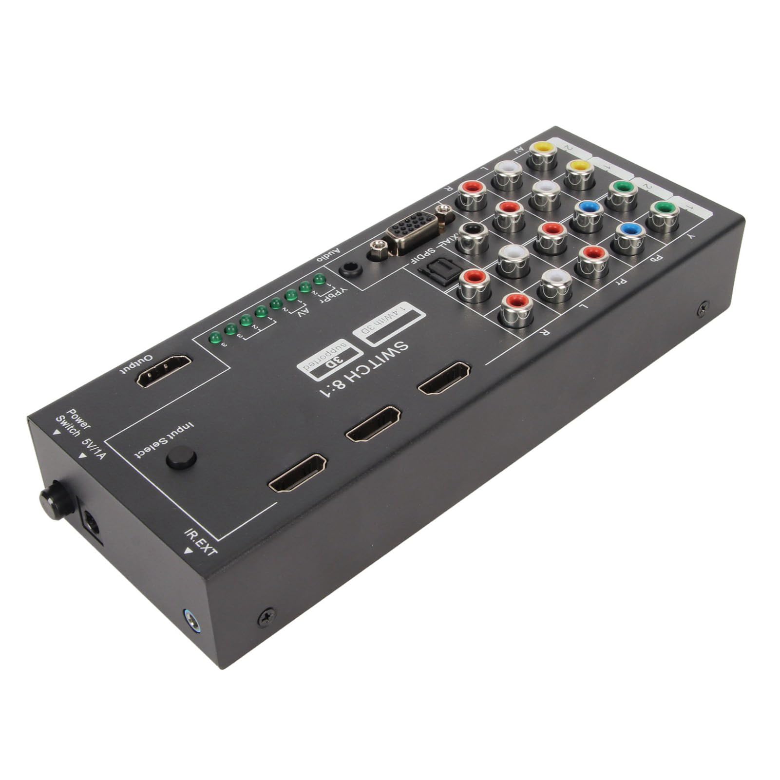 Convertitore HDMI, Adattatore Audio 1080P con 2 X YPBPR, 2 X AV, 1 X VGA, 3 X Ingresso Segnale HDMI a HDMI, COASSIALE, Uscita SPDIF, per Set Top Box HDTV Conferenza DVD (Spina europea AC100‑240V)