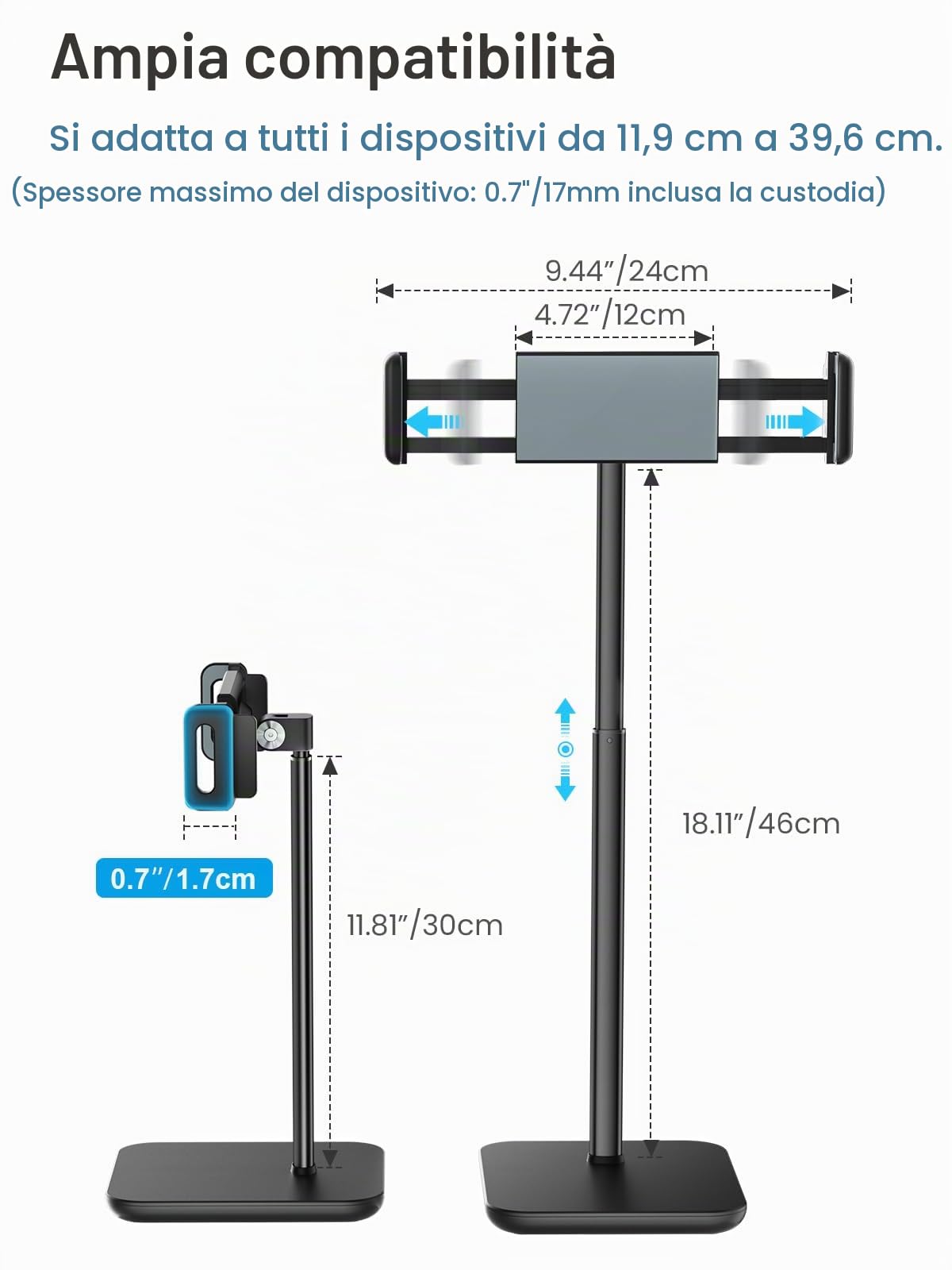 tounee Monitor portatile e supporto per tablet, capacità di carico 2 kg, altezza regolabile fino a 18,11", ideale per dispositivi da 4,7" a 16" (monitor portatili da 15,6", iPad, iPhone, Kindle)-Nero