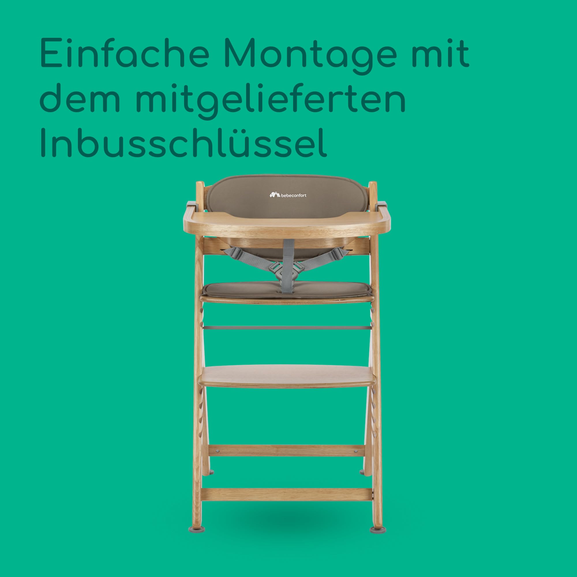 Bebeconfort Timba 2 mit Kissen, Mitwachsender Hochstuhl Baby, Ab 6 Monaten, Bis 110 kg, Ergonomischer Baby & Kinderhochstuhl Holz, Fast alle Esstische, Abnehmbares Tablett, Natural Wood + Beige
