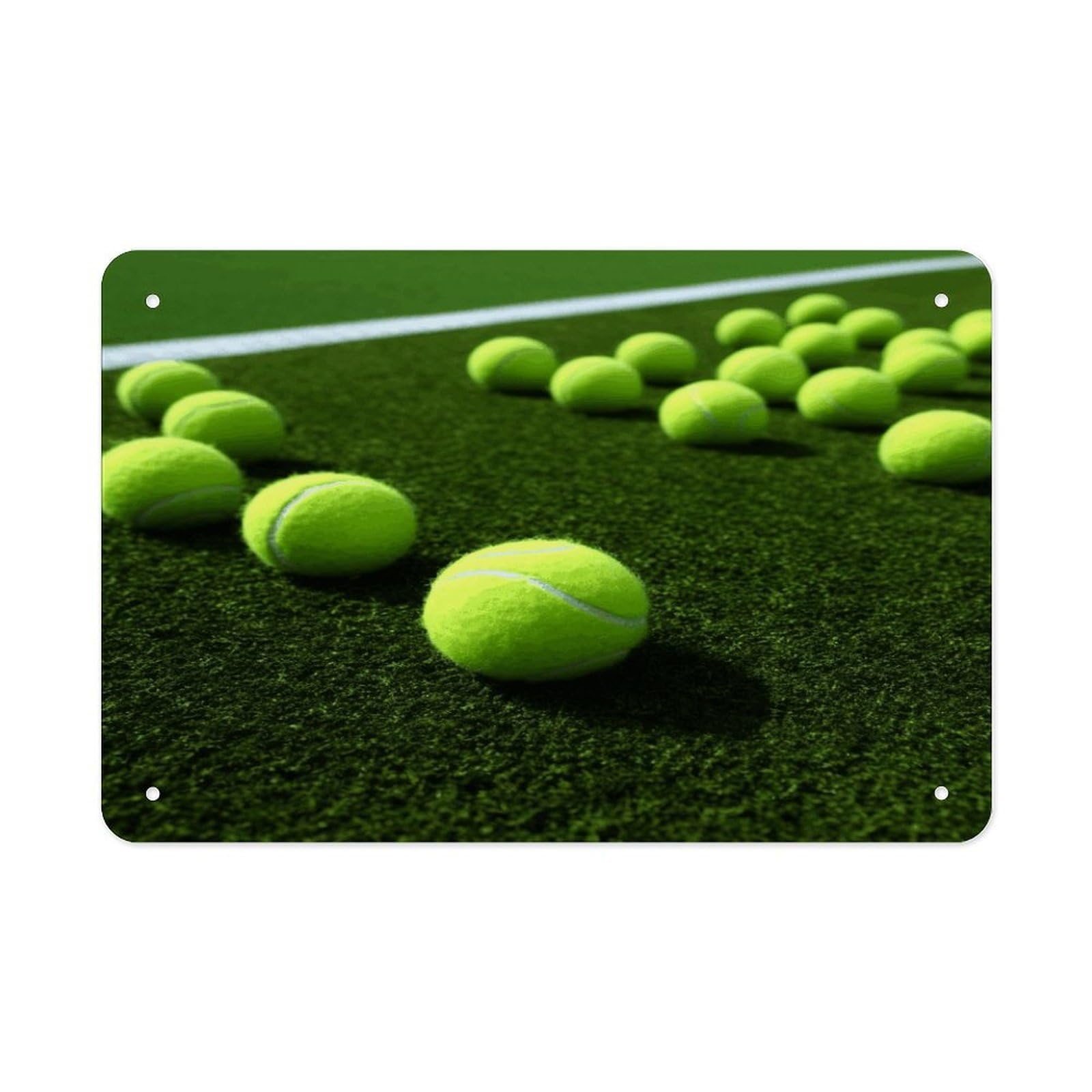 Tennis Balls on Tennis Grass Court Metal Tin Sign 12"x8" Wall Art Prints Poster Decorative Picture Metal Signboard Decor Painting Folded Edge Iron Sheet Painting with Holes for Wall Decor