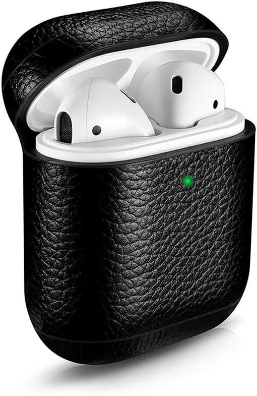 CLETO Airpods Genuine Leather Case Cover with Keychain，Airpod Protective Shockproof Shell Skin for Apple Earpods Earphone-Black