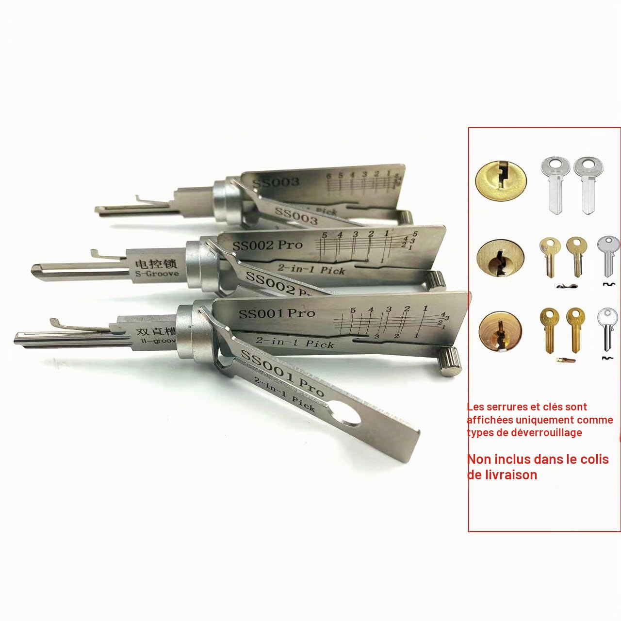 Fourniture de serrurier SS001 SS002 et SS003 2 en 1 Décodeur et outils de crochetage pour serrure à rainure en S, cadenas de porte pour la famille