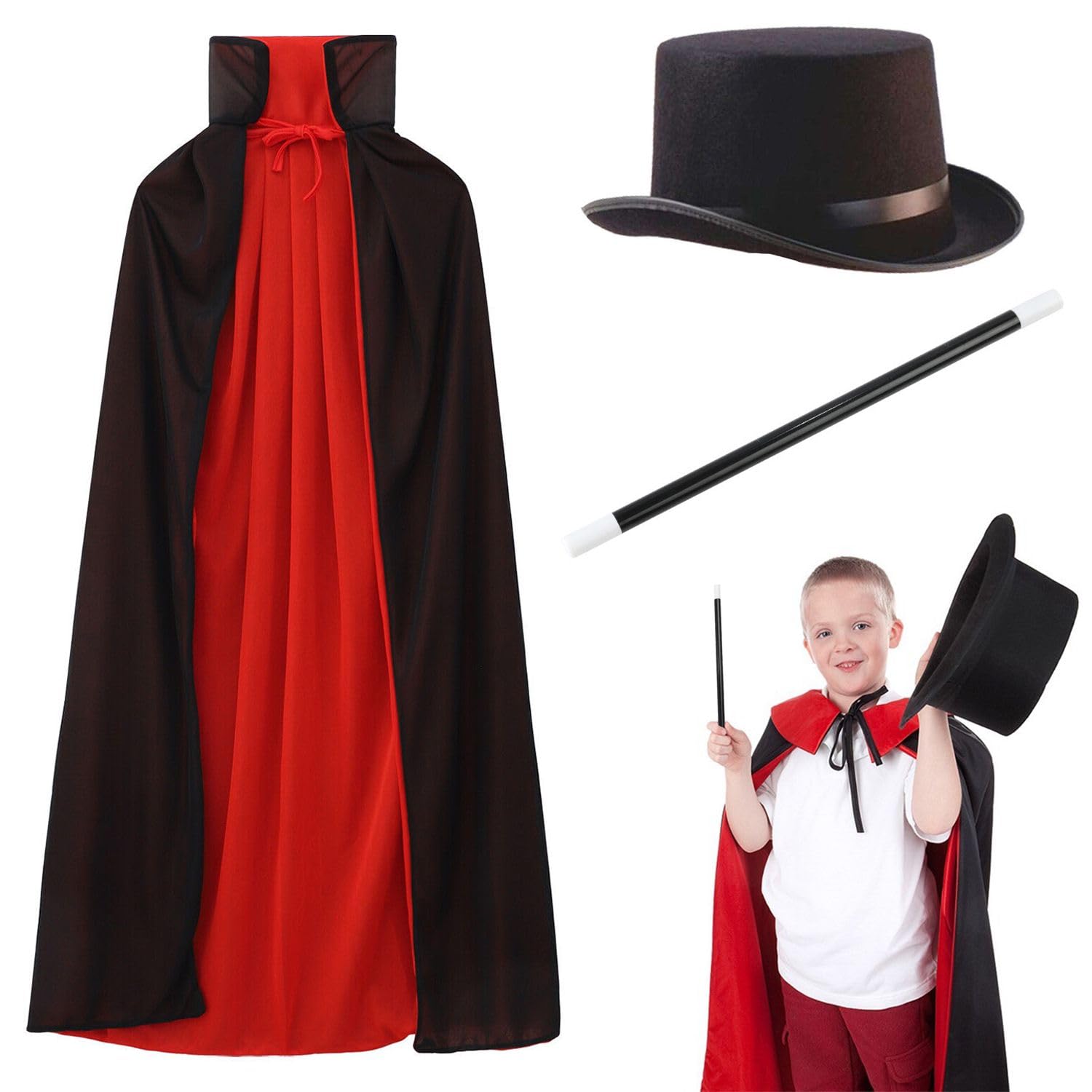 Home Smart Magician Cloak Stand Collar Cloak for Kid's Magician Role Play Costume Set with Hat and Wand for Party