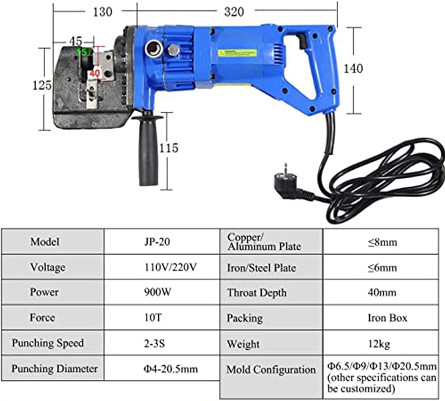 1300 W hydraulischer Locher, elektrisches hydraulisches Lochstanzwerkzeug, Lochgräber mit 5 Matrizen für Stahlplatten, Eisenplatten, Aluminiumplatten