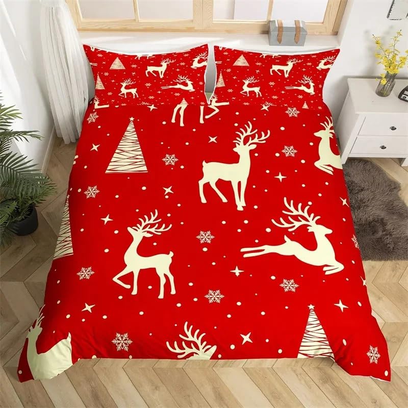 Housse de couette rouge de Noël enfants 140x200 parure de lit imprimée rennes flocons sapin décoration