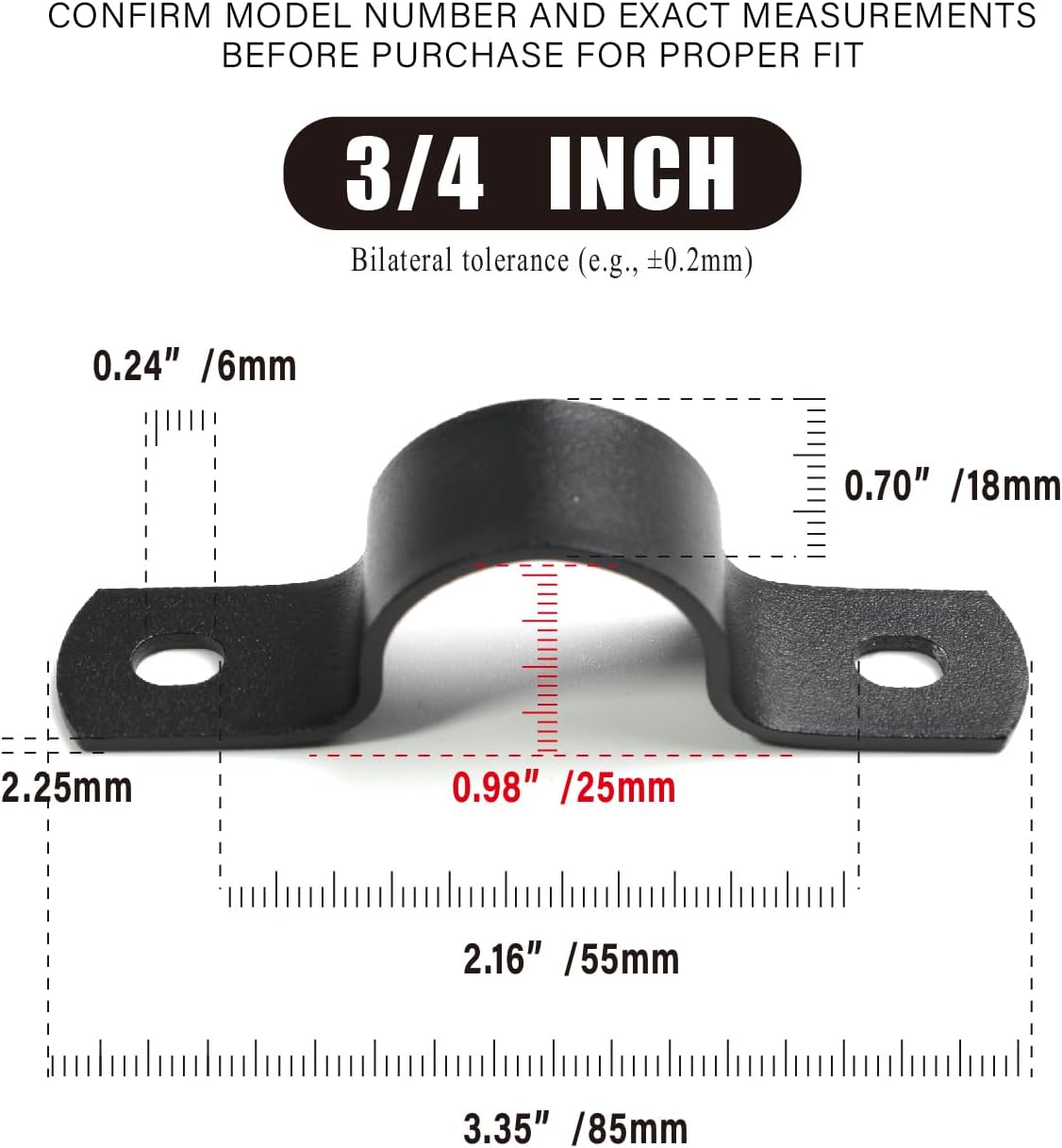 Black U-Clamps 3/4 INCH Metal Pipe Clamps 2-Hole U-Brackets Suitable for DIY Pipe Fixing (Pack of 6)