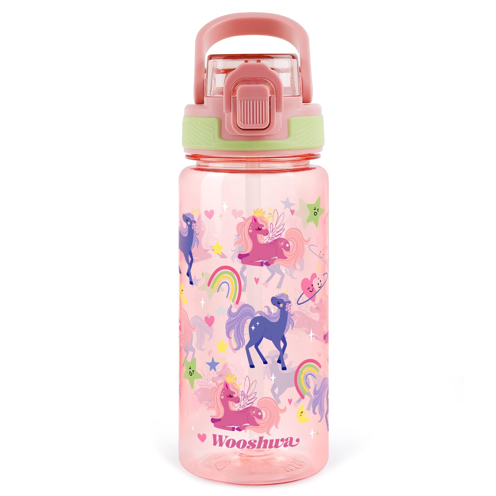wooshwa Water Bottle with Straw, 600ml/20 Oz Plastic Water Bottle with Silicone Spout and Pop-Up Cover, Leakproof & Dishwasher Safe (Unicorn)