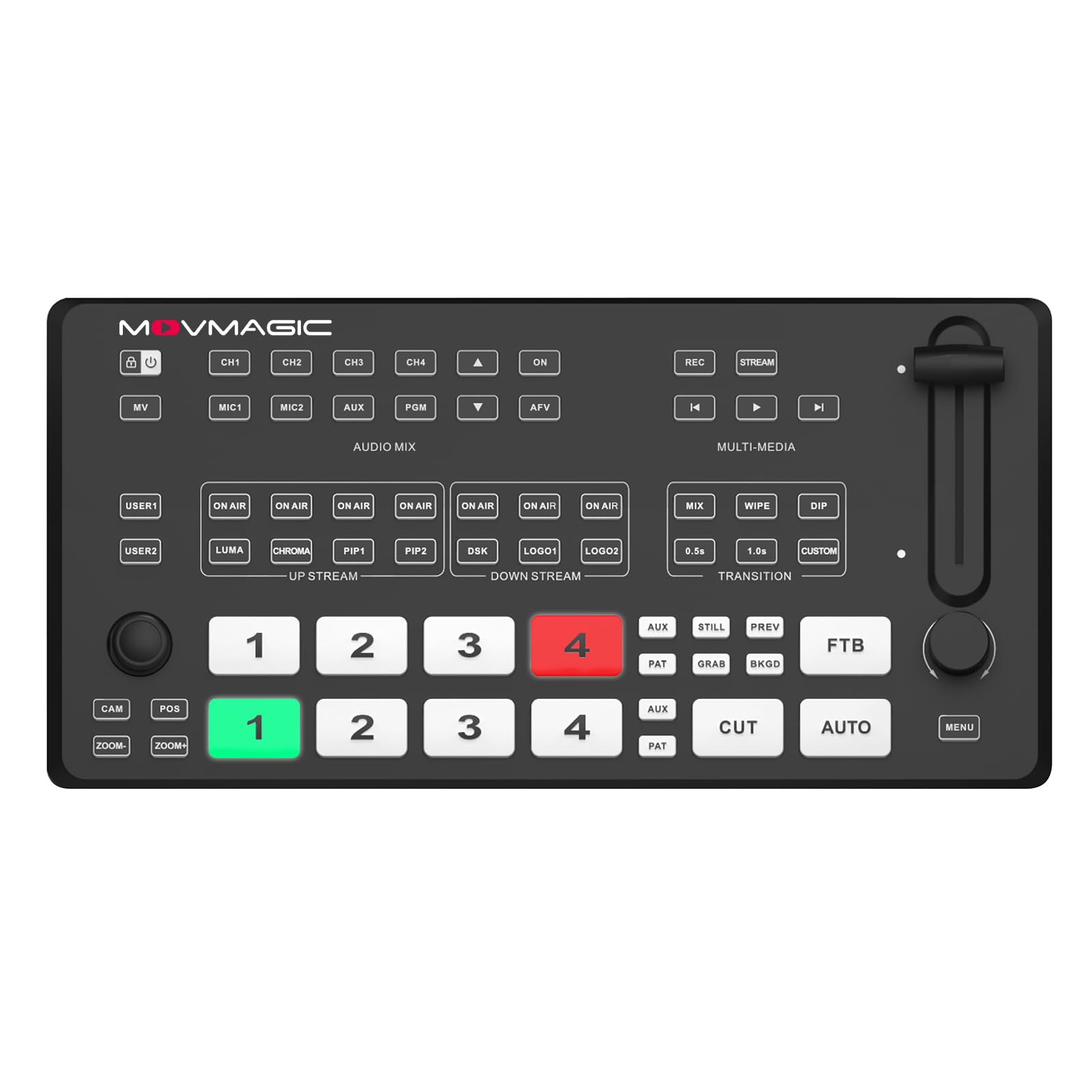 Movmagic M4E 5CH Video Mixer Switcher,2 HDMI(4K/60P Input,Supports PTZ/USB/SD/DSK/Recordable & Replayable/Landscape & Portrait,HDMI Live Stream Switcher