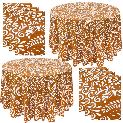 Image of Ganeen 6 Pcs Cielito Lindo Tablecloth Mexican Round Disposable Plastic Tablecloths 84 Inch De Barro Mexican Terracotta Plastic Waterproof Table Covers for Wedding Bridal Shower Decoration Party Favor