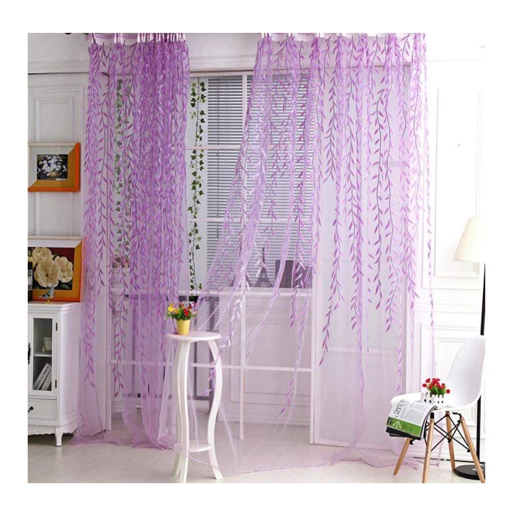 Lalang Purple 1Pcs Leaf Tulle Voile Curtains Sheer Curtains Window Balcony Room Decoration Curtains (Purple)