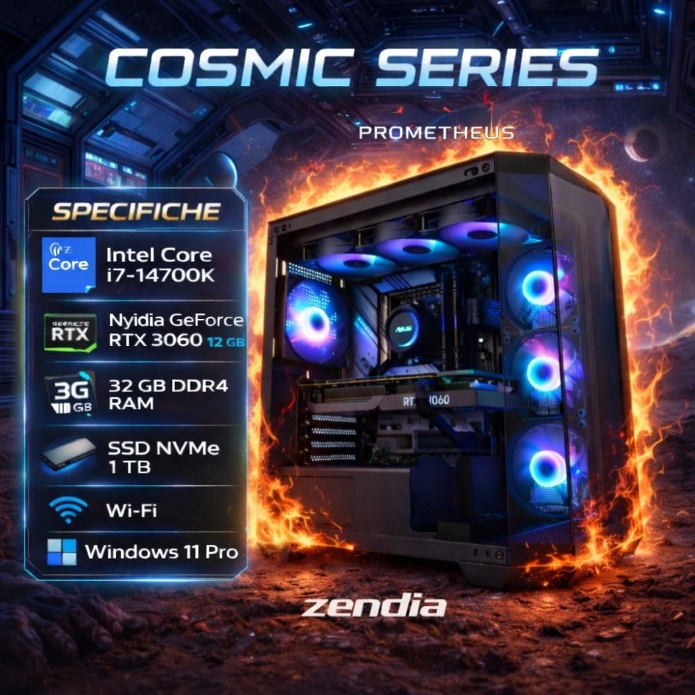 PC GAMING PROMETHEUS – Intel Core i7-14700K – Nvidia GeForce RTX 3060 12 GB – 32 GB DDR4 RAM – SSD NVMe 1 TB – Wi-Fi – Windows 11 Pro – Mid Tower
