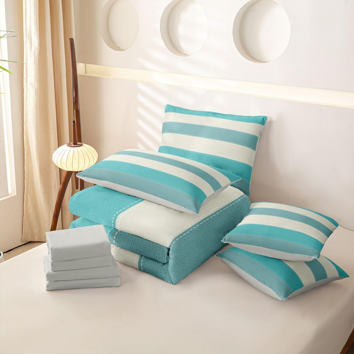 Loussiesd Juego de funda de edredón azul con sábanas, 7 piezas, tamaño King, ropa de cama en una bolsa, juego de ropa de cama para niños y niñas, decoración de dormitorio, moderno, transpirable, suave
