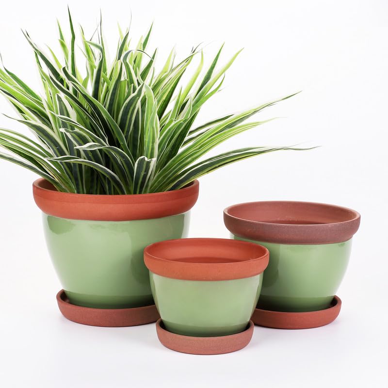 Yishang Glazed Terracotta Pots with Saucers, Set of 3, 5", 6", and 7" Sizes, Ceramic Clay Planter Pots with Drainage Holes - Green
