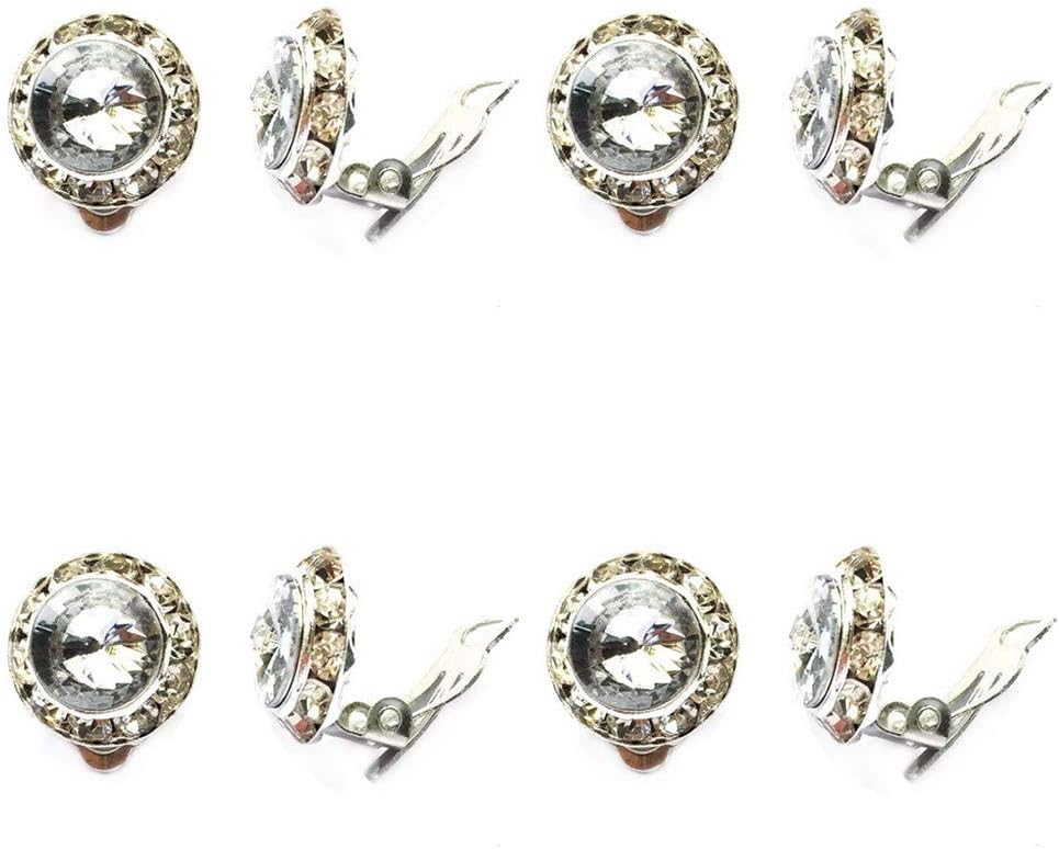 DOLON 4Pairs Pack Round Shaped Cirle Rhinestone Crystal Clip On Earrings Non Pierced Party Dance Competition Bridal Prom Jewelry No Hole Silver Plated