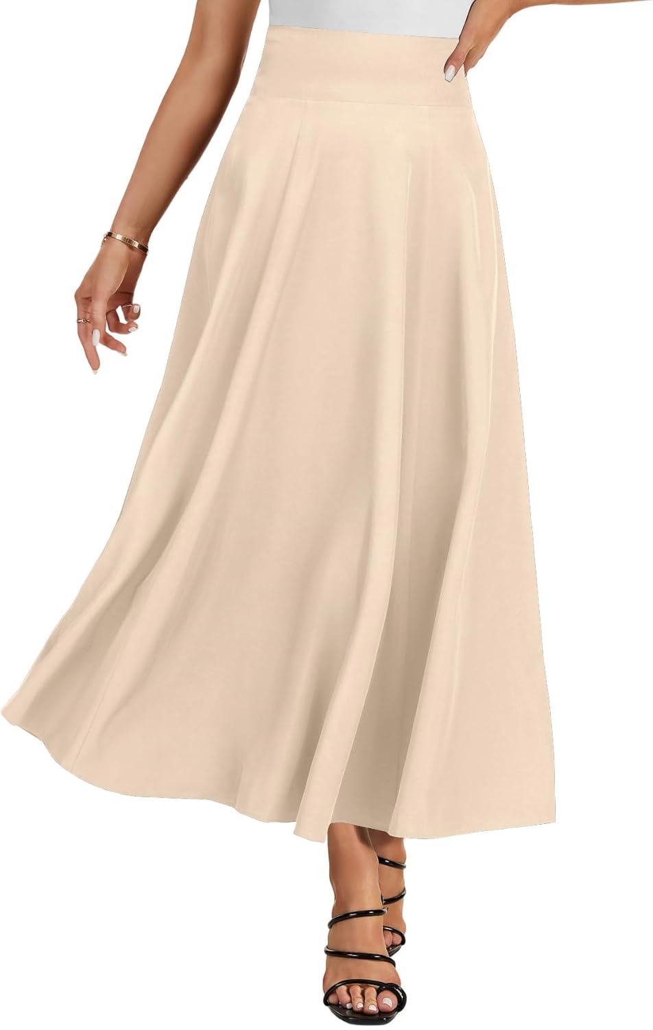 Rooscier Women's Elastic High Waist Tie Knot Back A-Line Flared with Pockets Long Skirt - Image 3