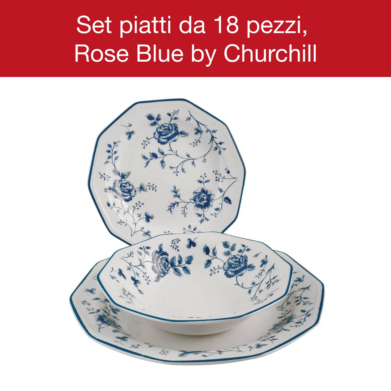 James Sadler&Sons Servizio da Tavola Rose, 18 Pezzi in Earthenware, Bianco/Blu, Lavabile in Lavastoviglie, Stile Inglese