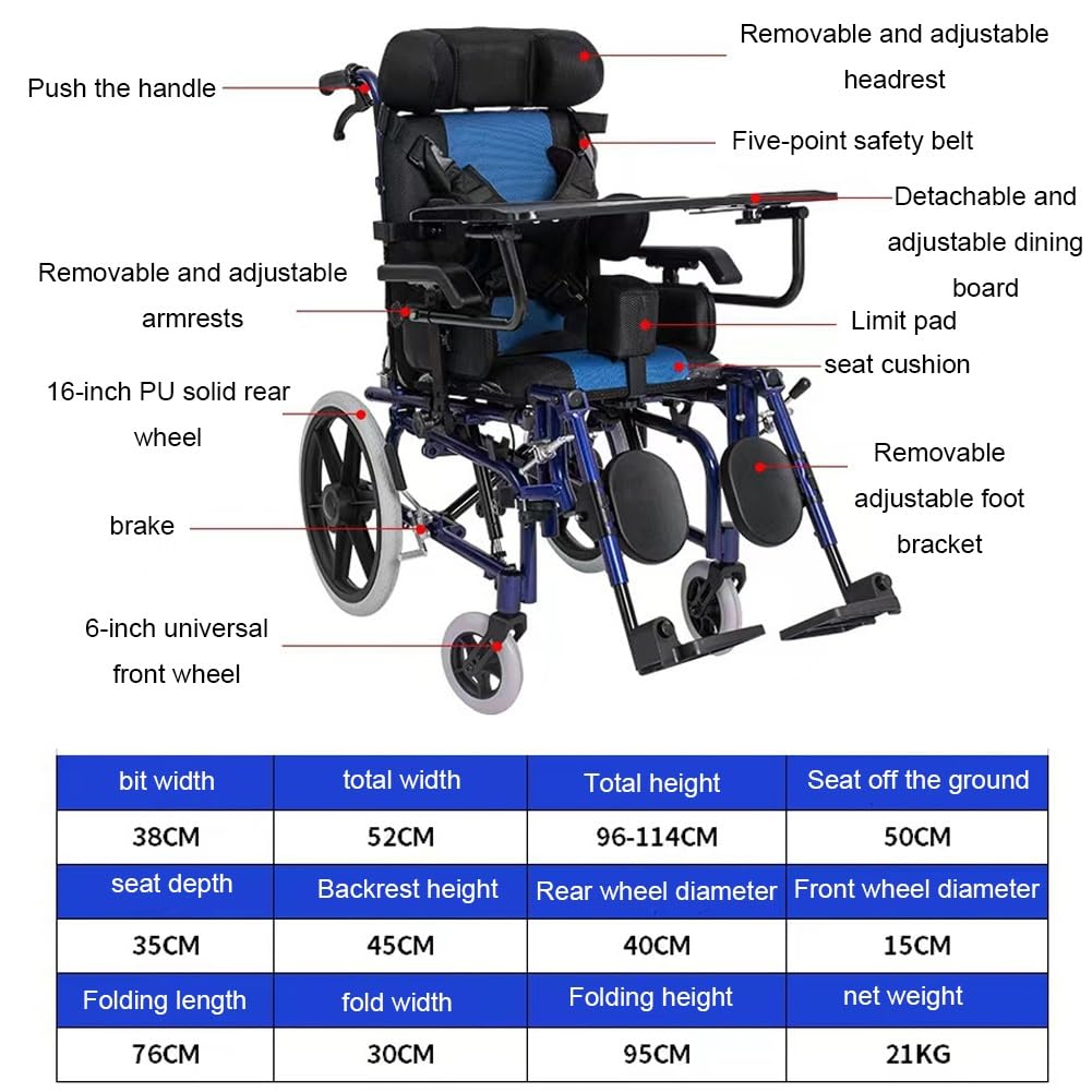 Sedia a rotelle per Bambini con paralisi cerebrale, Sedia a rotelle Pieghevole in Alluminio Leggera Completamente reclinabile con Tavolo da Pranzo, per Bambini