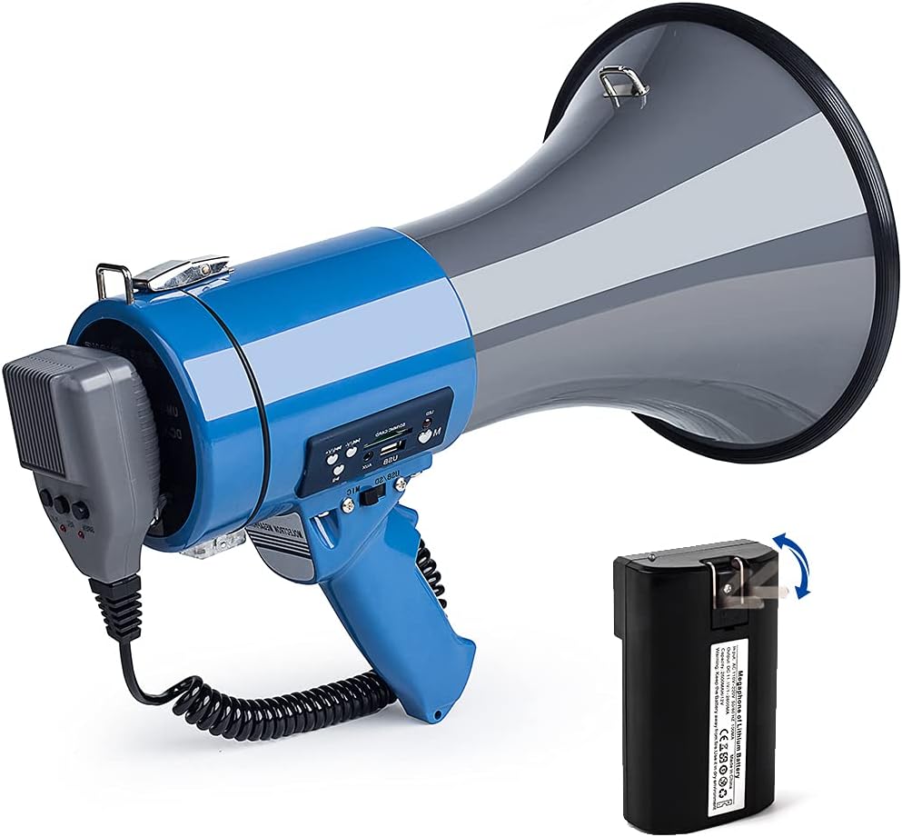 50 Watt Professional 15" Large Megaphone Bullhorn with Detachable Microphone, 240s Recording and Siren - Perfect for Indoor/Outdoor Sporting Events and Crowd Control Blue