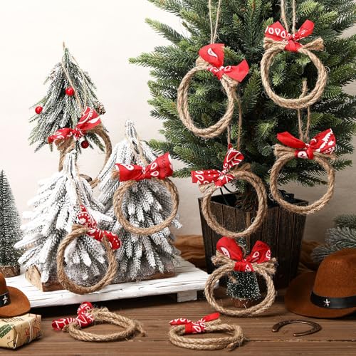 Fanfanwin 24 Pcs Western Themed Party Decorations Hemp Rope Western Christmas Tree Ornament Country Cowboy Hanging Decoration Paisley Cowboy Bandana Rustic Holiday Xmas Baubles for Tree Home Gift