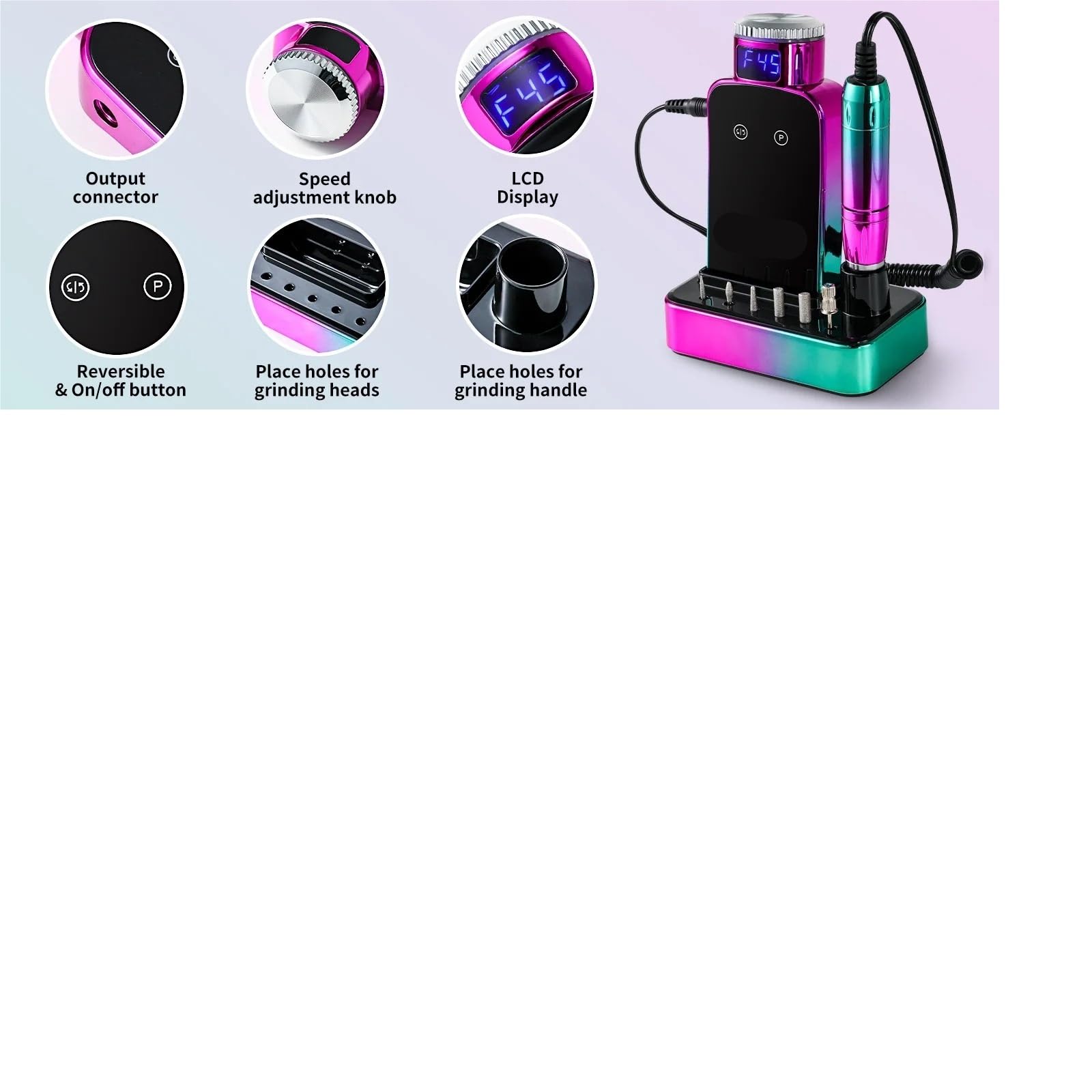Trapano per unghie, Trapano elettrico for unghie ricaricabile senza spazzole da 40000 giri/min con set di rimozione dello smalto for USB